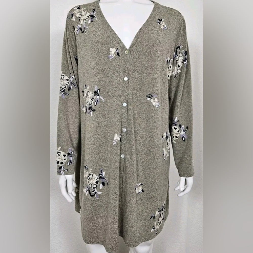 Fig & Flower Duster-Cardigan M Half Button Brown Tone Floral Embroidery Boho EUC